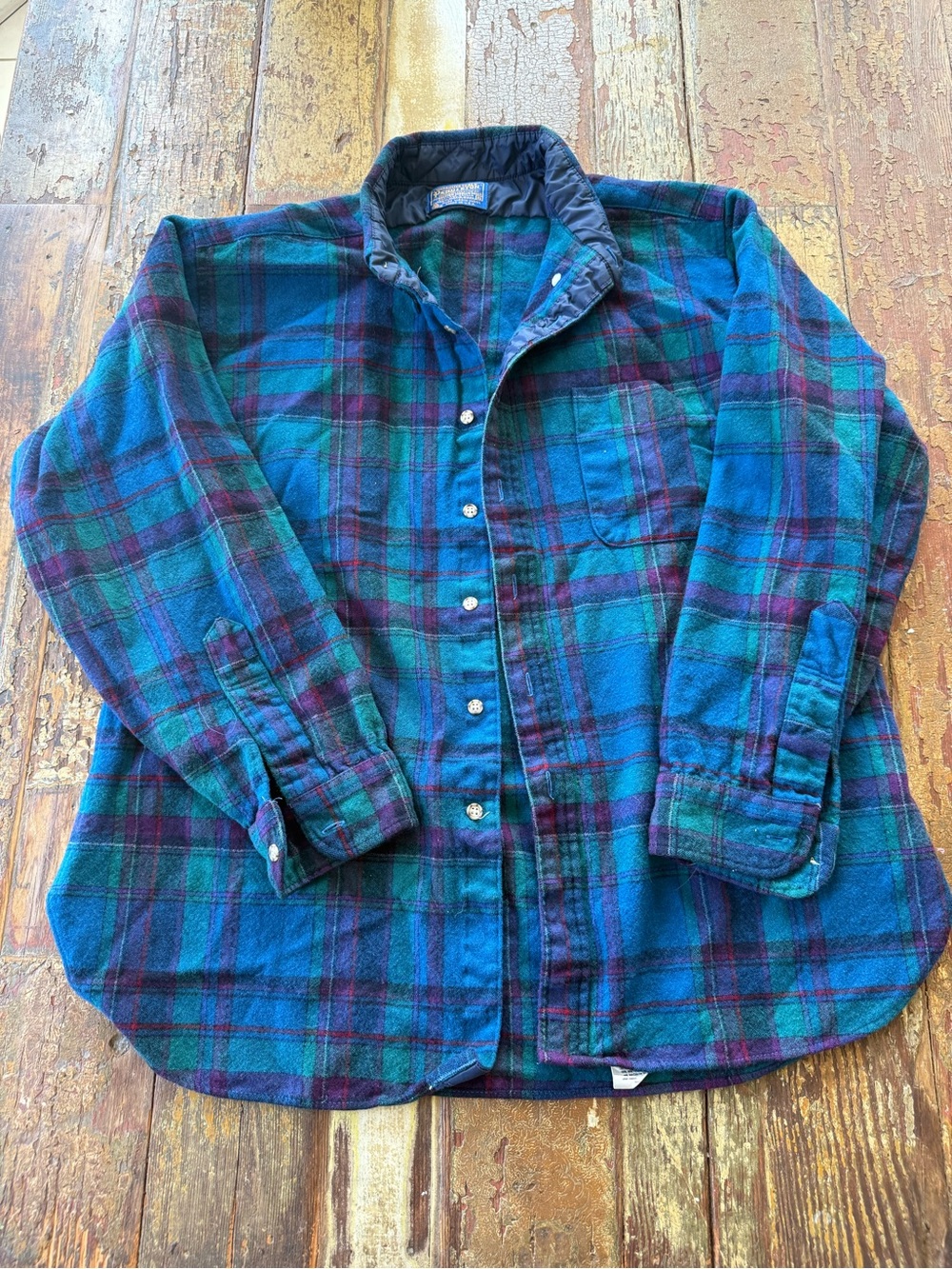 Vintage Pendleton Blue Green 100% Pure Wool Plaid Button-Down Shirt Capsule | XL